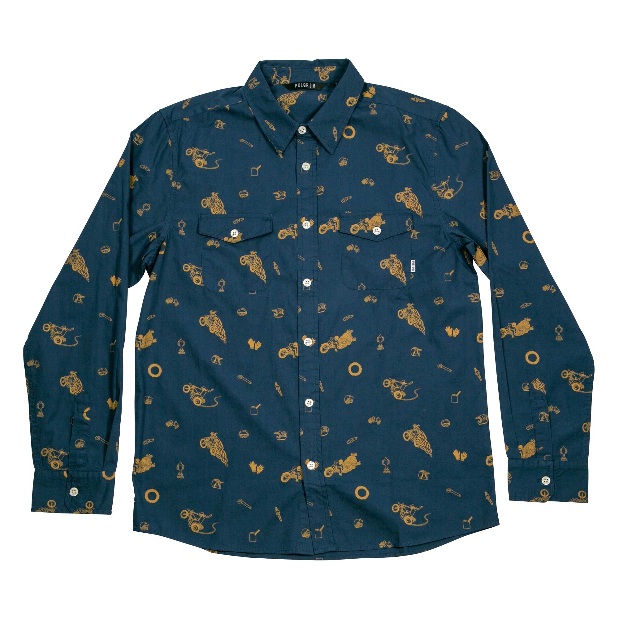 POLER Shirt WHEELIE BUTTON UP TWO POCKET LS blue steel wheelie print