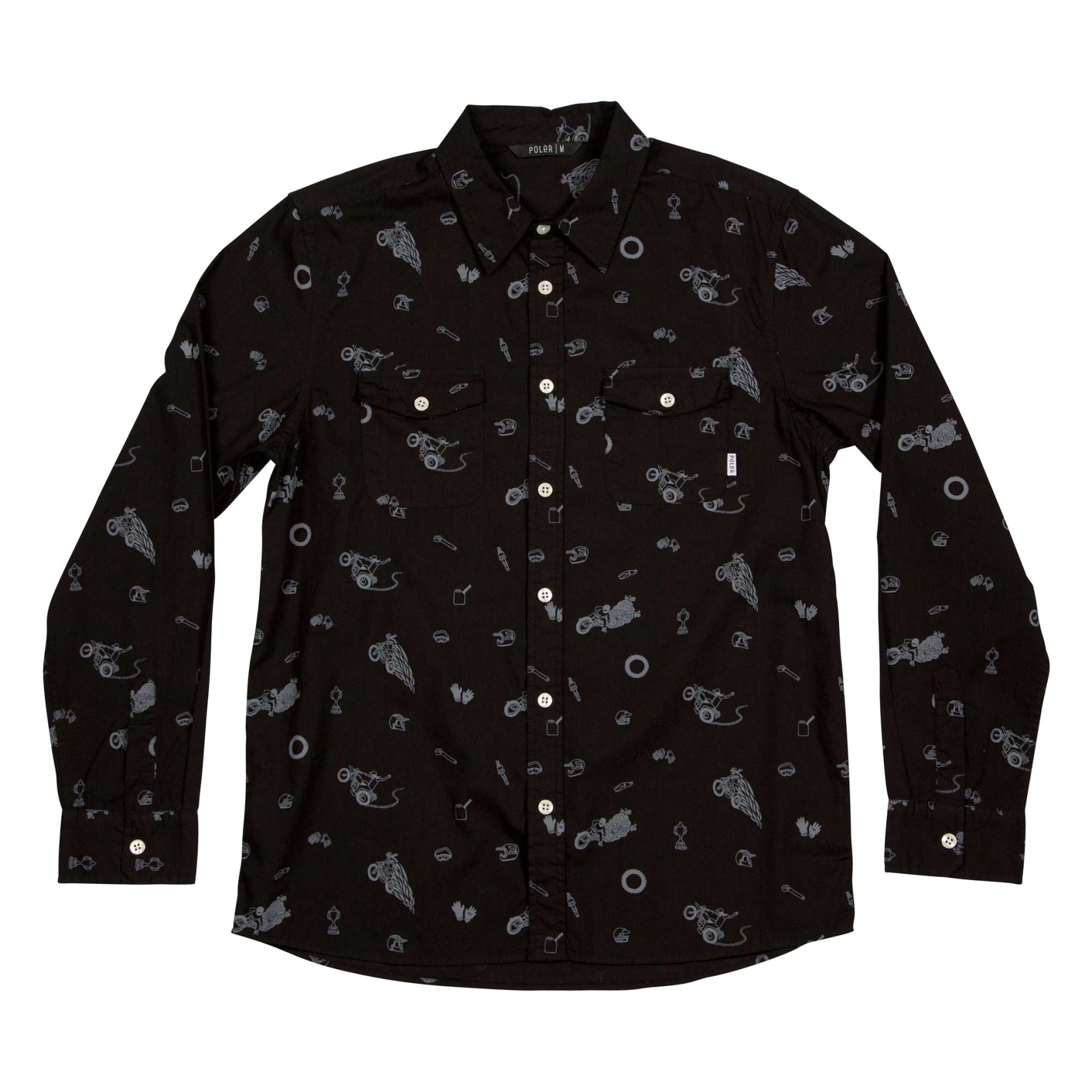 POLER Shirt WHEELIE BUTTON UP TWO POCKET LS black wheelie print